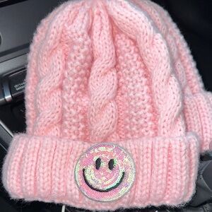 Pink Knit Beanie with Smiley Patch 4-6years